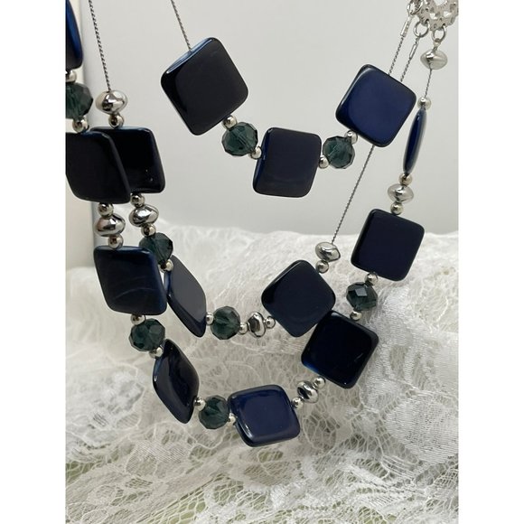 Navy Blue Square & Round Beaded 3-Tier Necklace - Picture 8 of 10